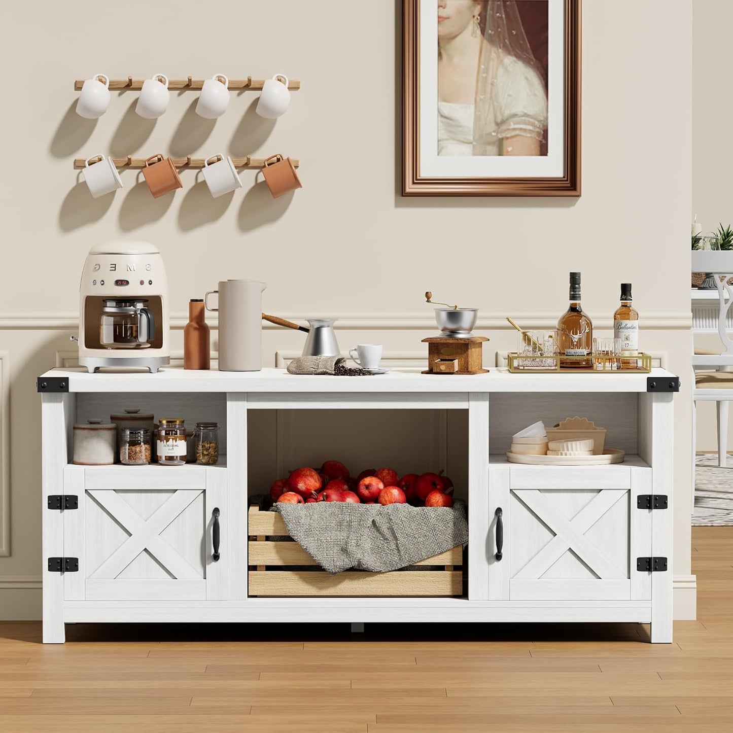 YESHOMY Fireplace TV Stand with Barn Doors and Open Display Shelf, Farmhouse Media Console with Hidden Cable Routing, Entertainment Center for Televisions up to 65+ Inch, White