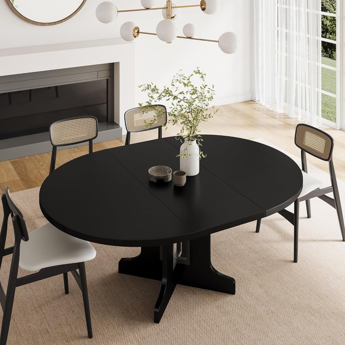 Feonase 59" Round Extendable Dining Room Table for 4-6, Modern Oval Kitchen Table with Heavy Duty Wood Base, Metal Frame Support, for Kitchen Dining Living Room, Easy Assembly, Black