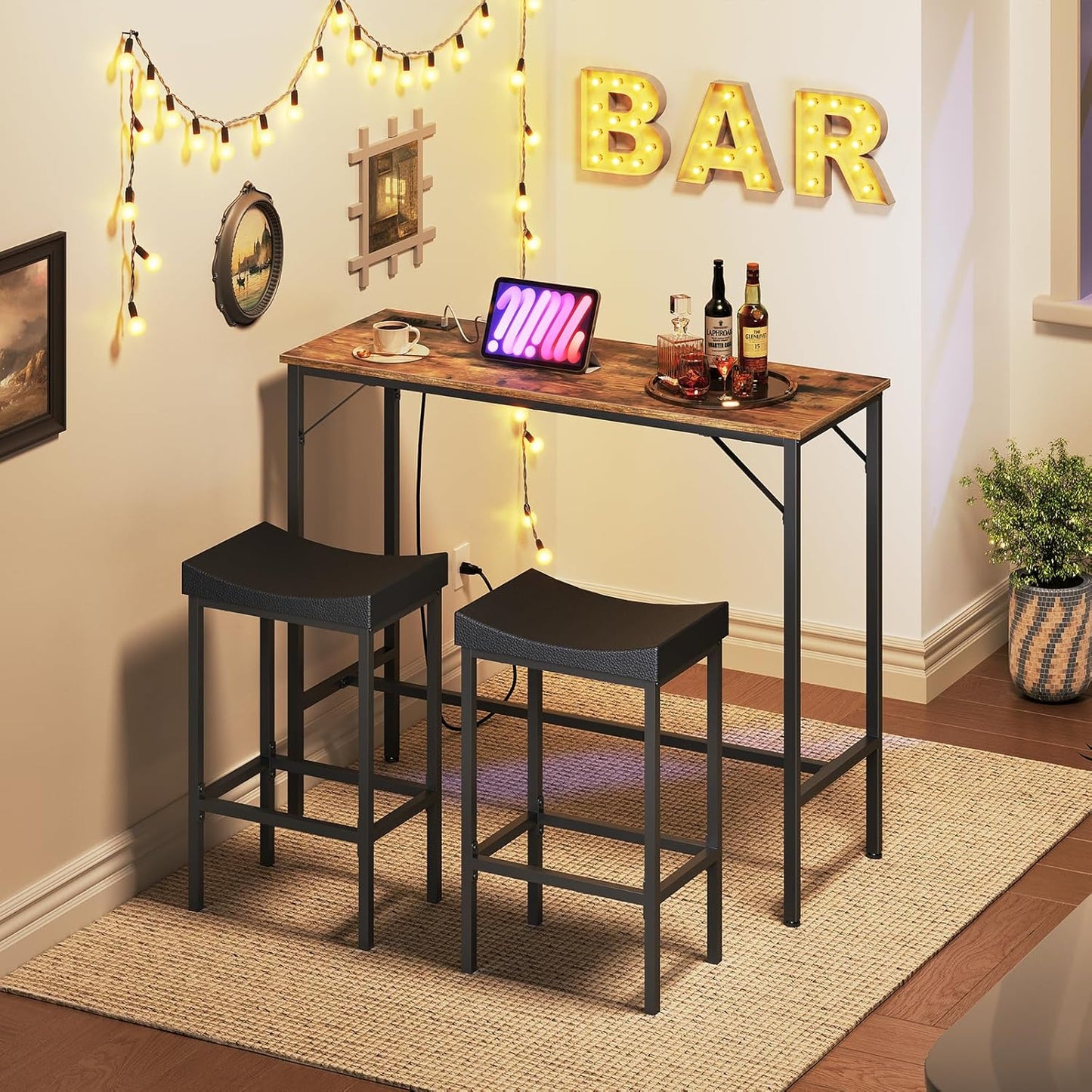 HOOBRO 3-Piece Bar Table and Chairs Set, 39.4" Pub Table, High Top Bar Table with Charging Station, 3-Piece Dining Table Kitchen Breakfast Table Set, for Kitchen, Small Space, Rustic Brown BF10UBT01