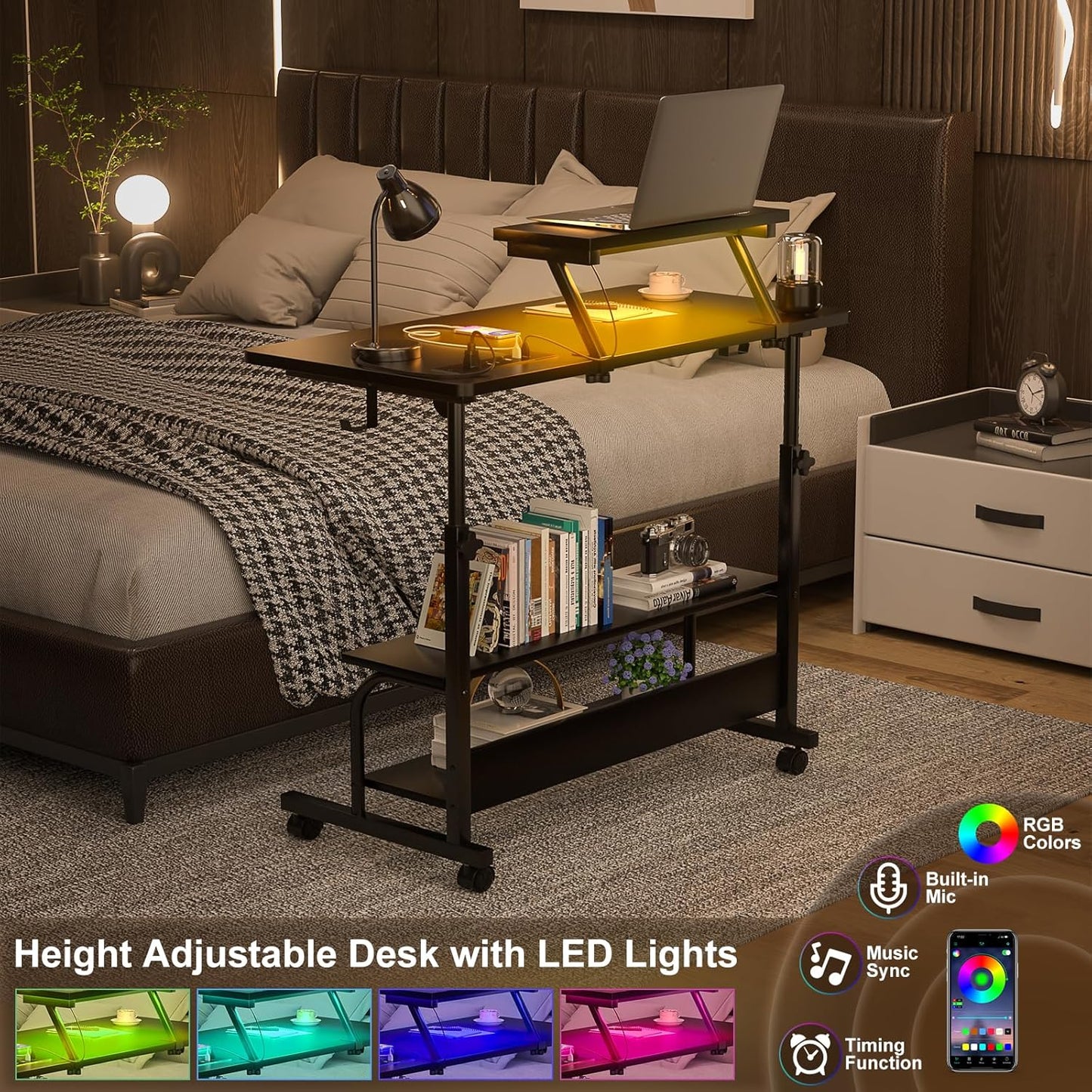 Height Adjustable Standing Desk with Power Outlets and LED Lights - 32" Manual Stand Up Desk with Monitor Stand and Storage Shelves Small Mobile Rolling Computer Desk Portable Laptop Table, Black