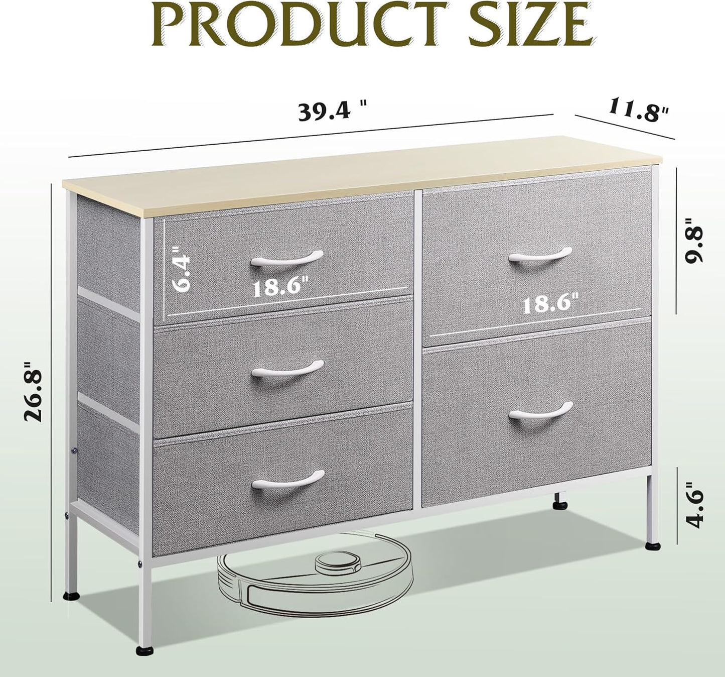 WLIVE Dresser for Bedroom with 5 Drawers, Wide Bedroom Dressers with Drawer Organizers, Chest of Drawers, Fabric Dresser for Living Room, Closet, Hallway, Light Grey