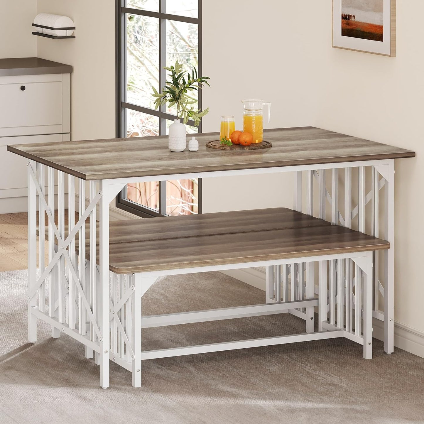 DWVO 3-Piece Kitchen Table with 2 Bench 47.2 Inch Dining Table Set for 4 People Bench Dining Table Set Industrial Rectangular Dining Room Table Set with Storage for Kitchen Dining Room Grey