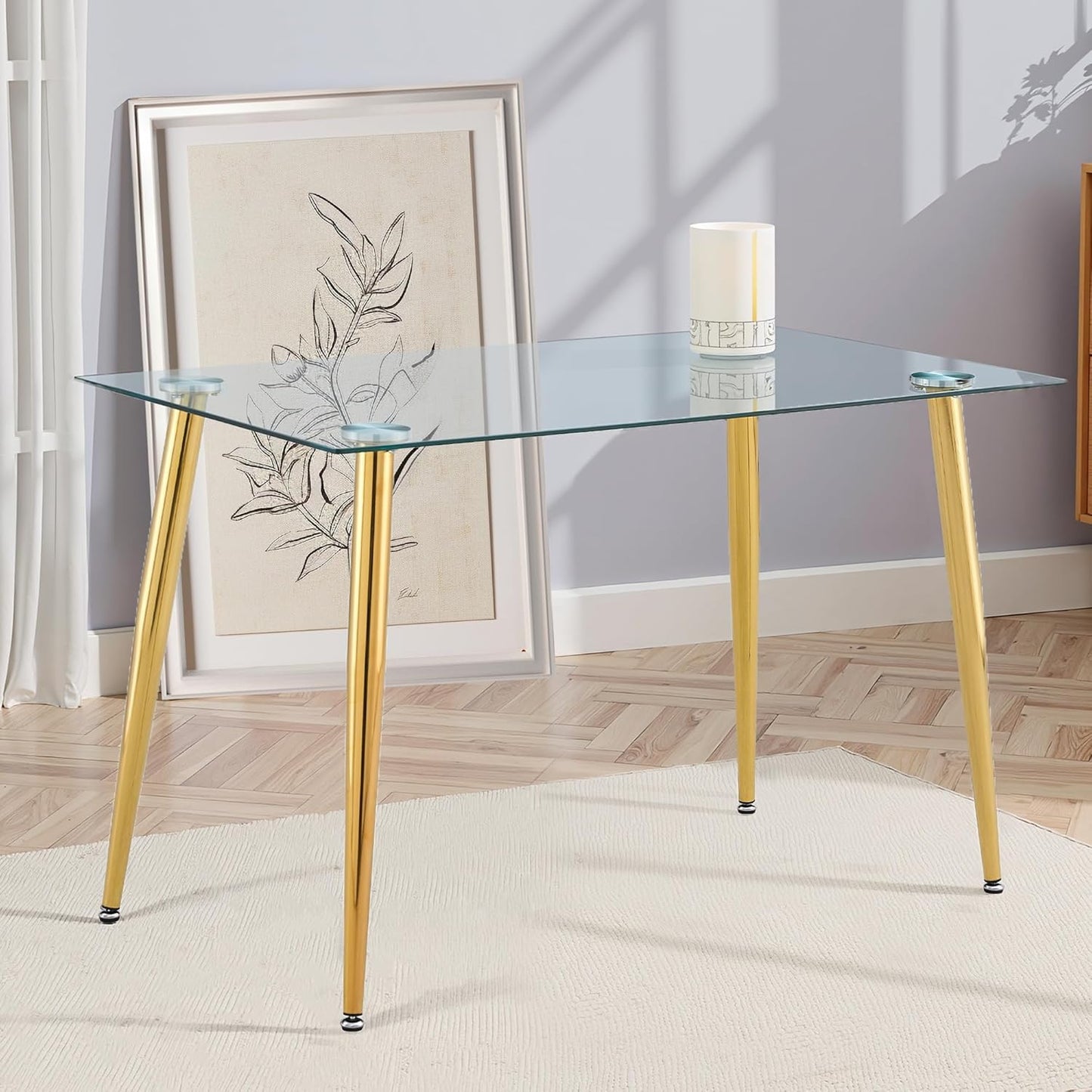 Dining Table for 6 Kitchen Table 47.2" Rectangular Modern Glass Dining Table Kitchen & Dining Room Tables with Glass Tabletop and Metal Legs for Dining Room and Kitchen, Champagne