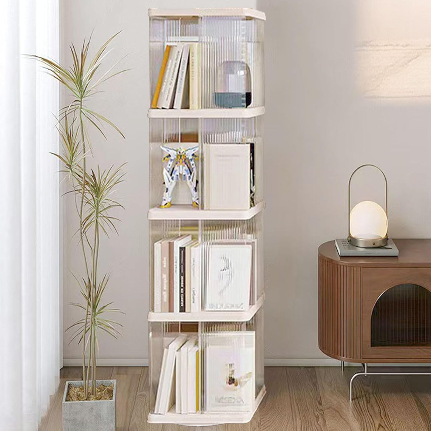 4 Tier Rotating Bookshelf Tower,360 Display Rotating Bookshelf,53.4 inch High Small Space Revolving Bookcase, Home Office Spinning Bookshelf Tower(Rectangular, White)