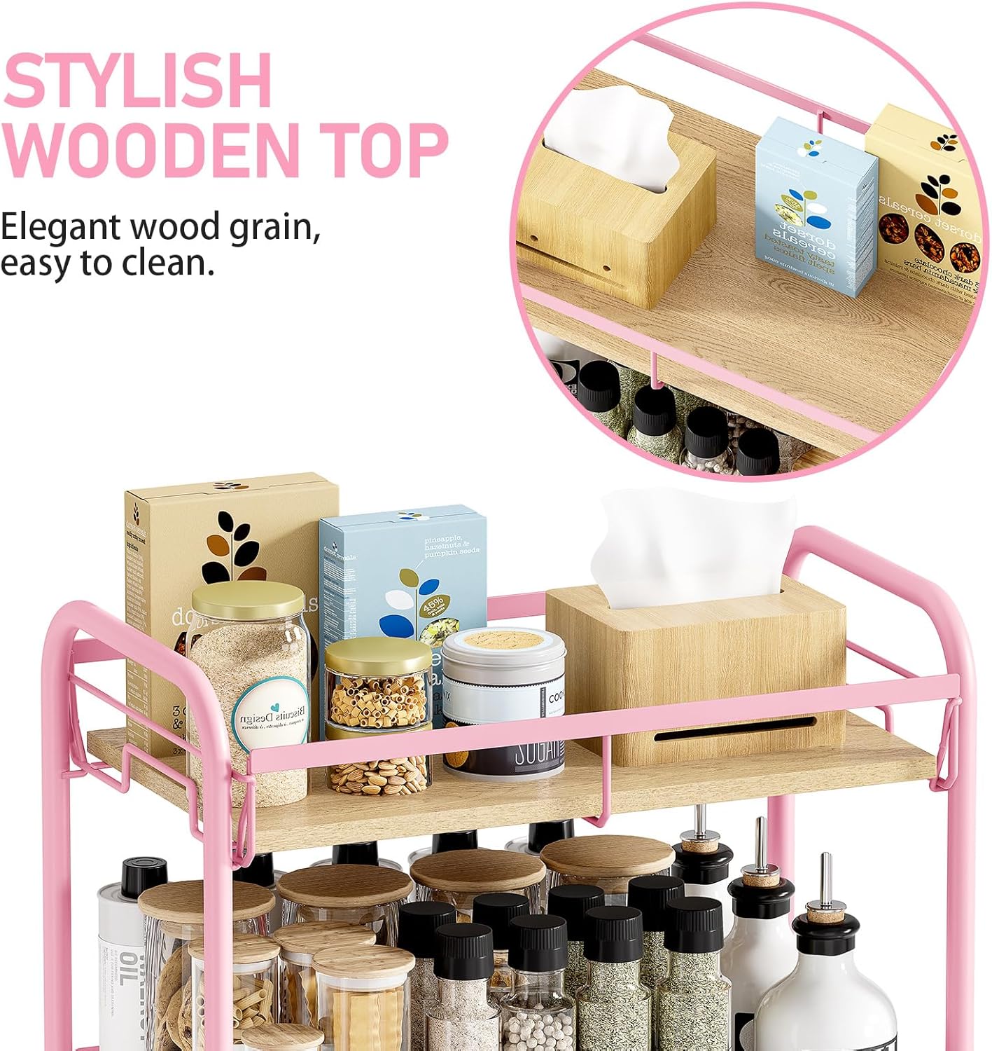 KINGRACK 4-Tier Wide Metal Rolling Storage Cart, Utility Cart with Wooden Tabletop for Laundry, Bathroom, Kitchen, Apartments, Dormitory (Pure Pink, Wide)