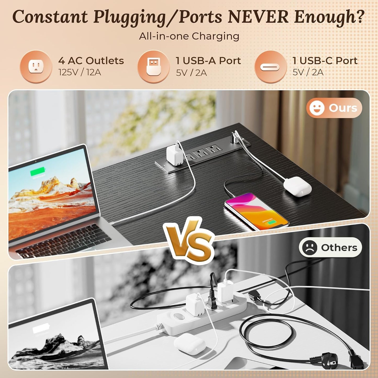 PRAISUN 47 Inch Office Desk with Outlets, Computer Desk with 9 Fabric Drawers, Writing Gaming Work Study Desk for Bedroom, Living Room, Home Office, Large Storage, Black