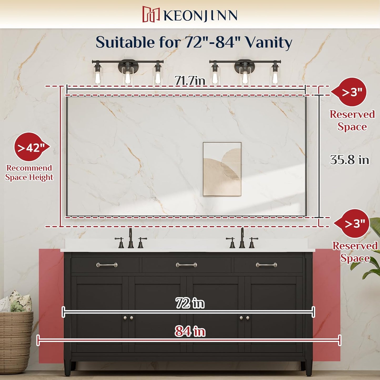 Keonjinn Black Mirror - 72 x 36 Inch, Matte Black Bathroom Mirror with Metal Frame, Suitable for Farmhouse and Modern Decor (Horizontal/Vertical)