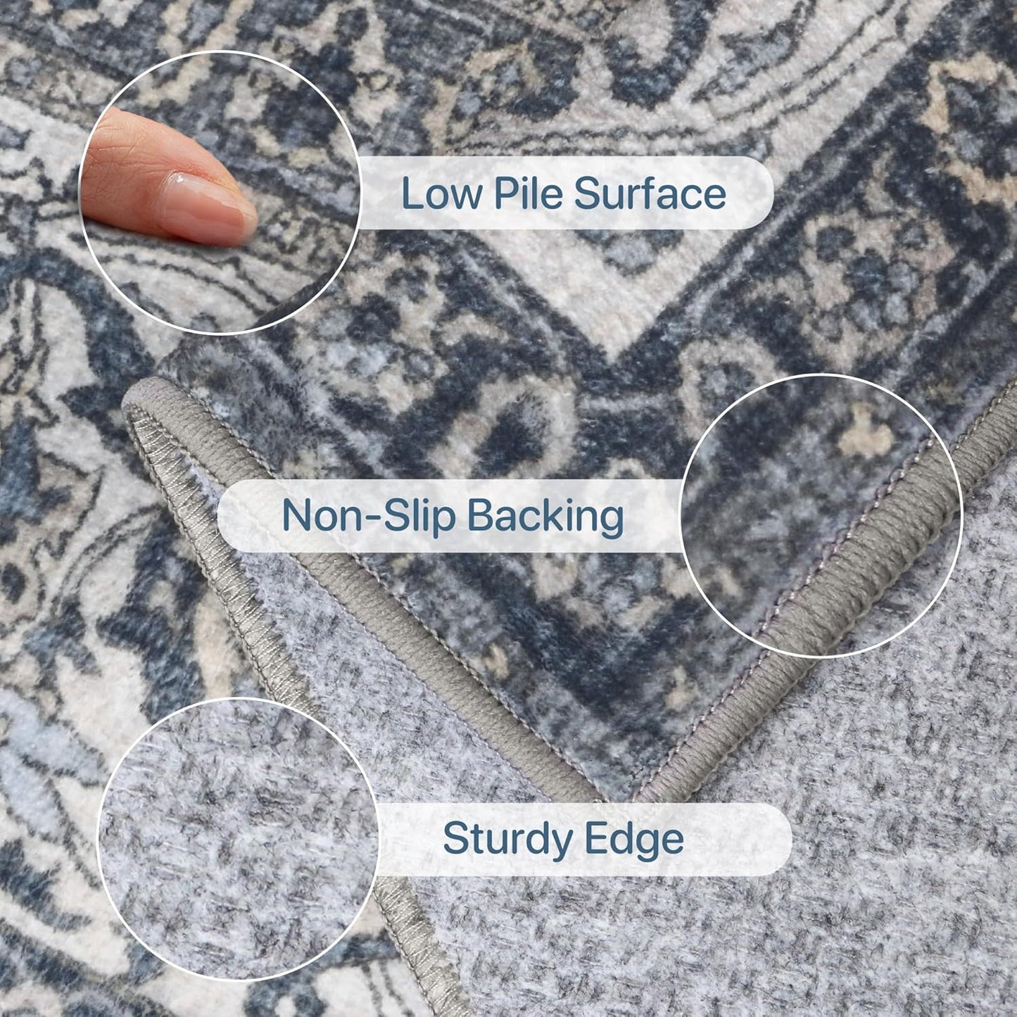 8X10 Area Rugs Machine Washable Rugs for Living Room, Vintage Boho Large Rugs for Bedroom Dining Room, Non Slip Indoor Soft Distressed Lightweight Thin Low Pile Carpet, Slate Blue