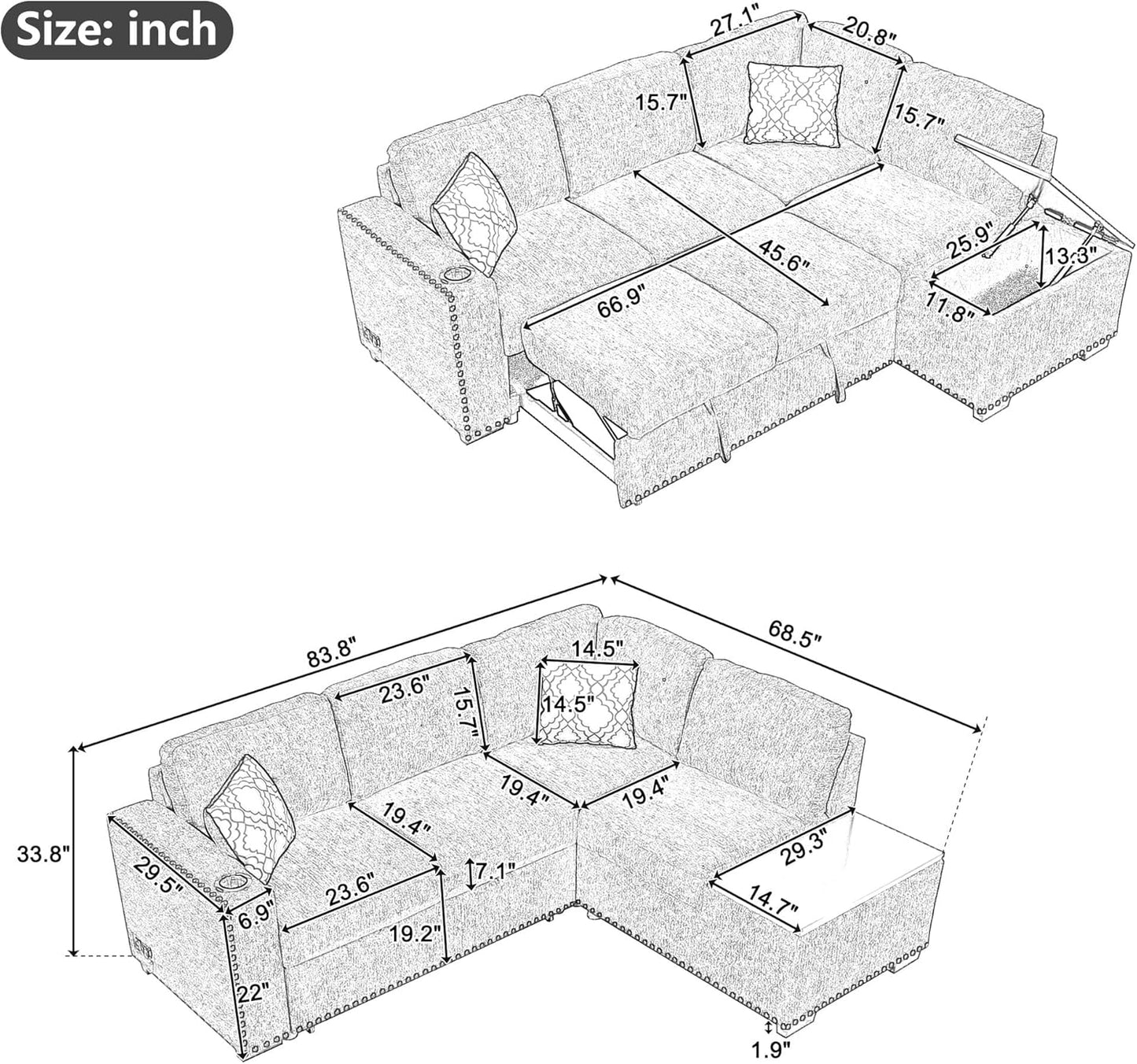 Merax Modern 83.8" Sectional Couch Bed with Storage Chaise/USB Ports/Cup Holder, L-Shape Pull Out Sleeper Sofa for Living Room, Black