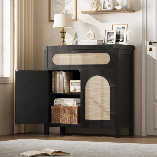 Garvee 29.9'' Small Rattan Buffet Cabinet with Storage, Kitchen Coffee Bar Cabinet with Doors and Drawer, Boho Farmhouse Sideboard with Adjustable Shelves and Handle for Living Room, Black