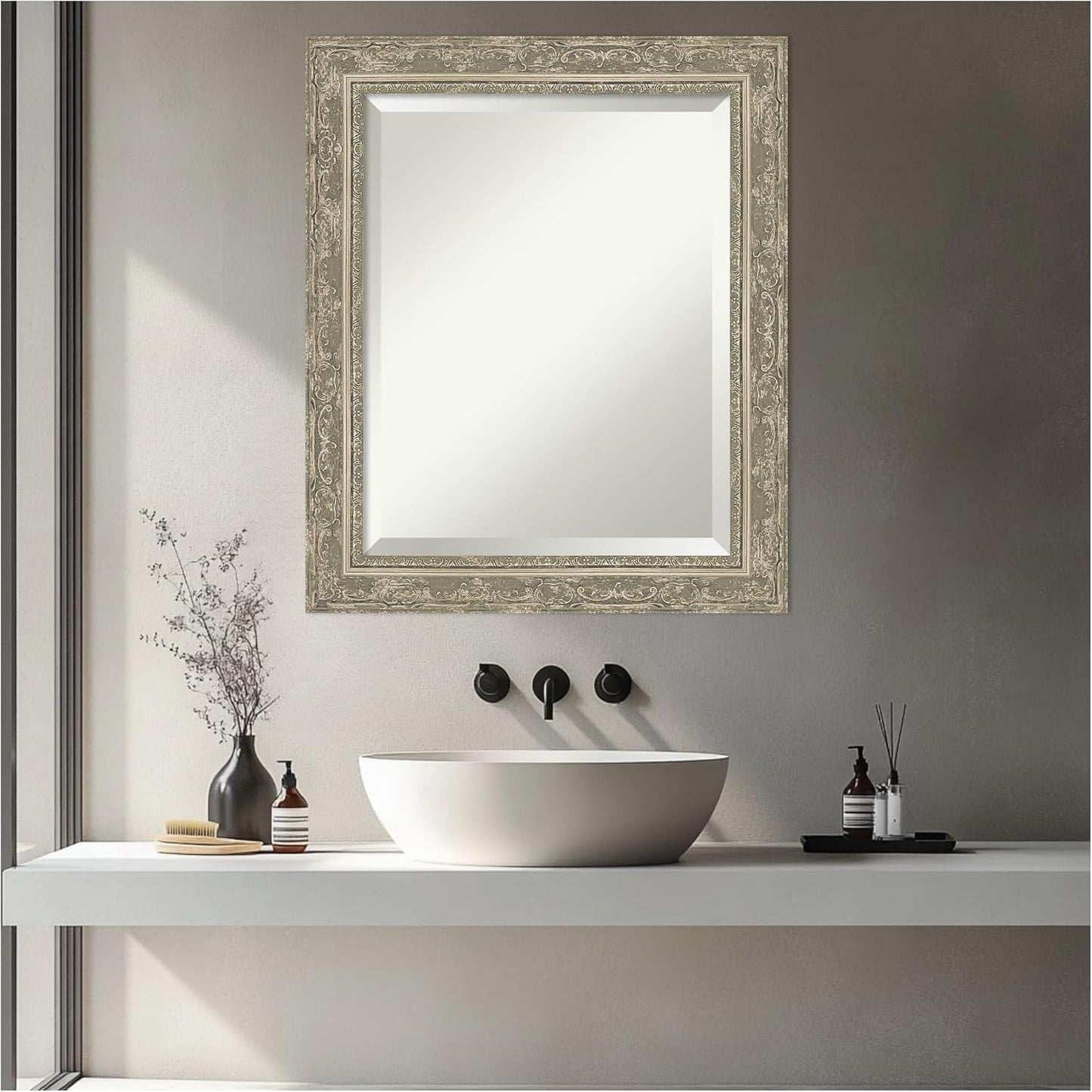 Amanti Art Bathroom Mirror for Over Sink, 25x21 Filigree Silver Rectangle Vanity Mirror, Small Traditional Frame, Hangs Horizonally and Vertically, Bathroom Wall Decor, Beveled Edge