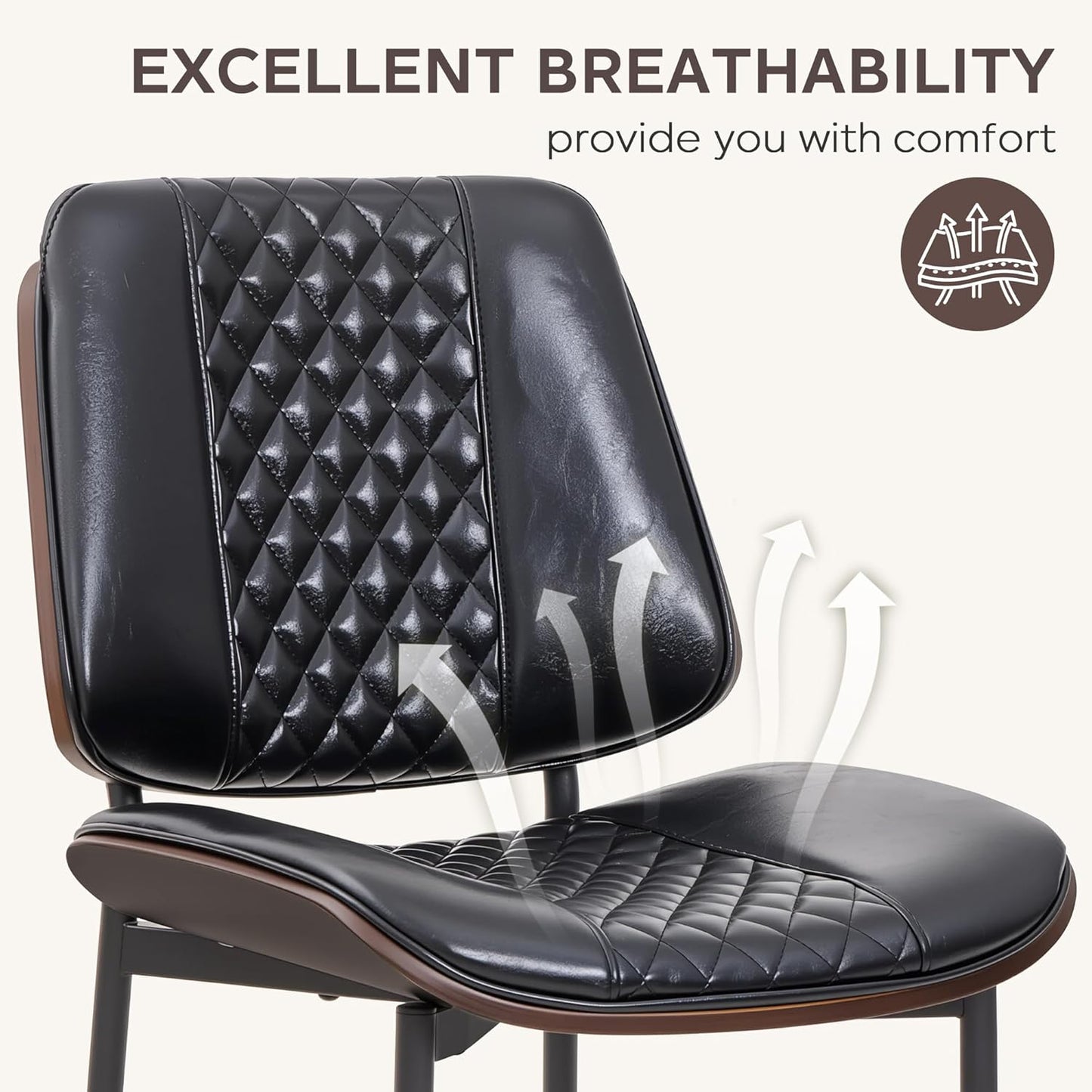 Dining Chairs Set of 4, Upholstered PU Leather Armless Chair, Mid Century Modern Dining Room Chairs, Retro Walnut Bentwood Kitchen Chair with Metal Legs and Adjustable Feet, Black