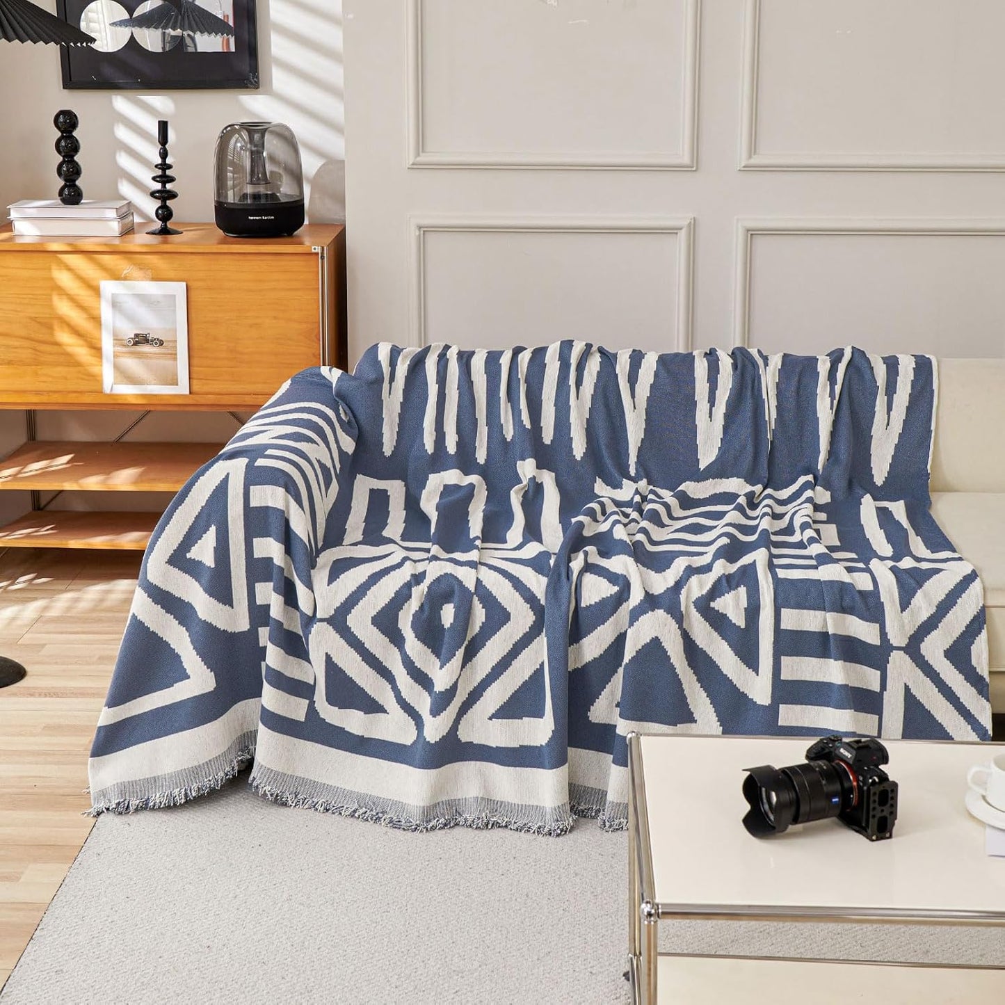 STACYPIK Reversible Boho Blue Beige Couch Cover for 2 Cushion Couch Sofa Cover for Dogs Anti-Scratch Furniture Protector Cover with Tassels for Pet Cat Non-Slip Loveseat Cover for Sectional-71X90IN