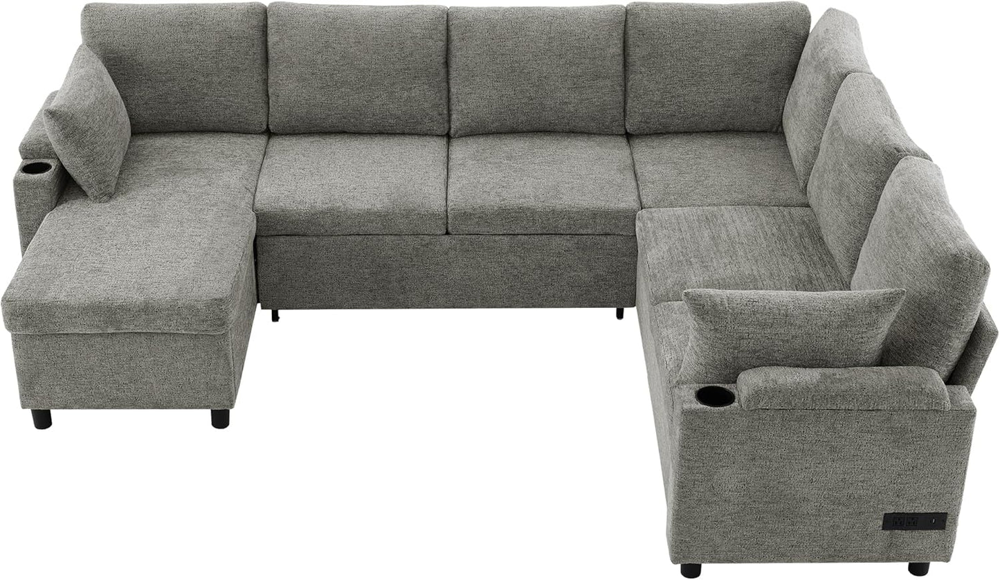 Eafurn Oversized U Shaped Sectional Sleeper Sofabed Pull Out Couch Bed for Living Room 6 Seater Upholstered Convertible Pullout Lounge Sofa Couch w/Storage Chaise, USB Ports for Living Room Apartment