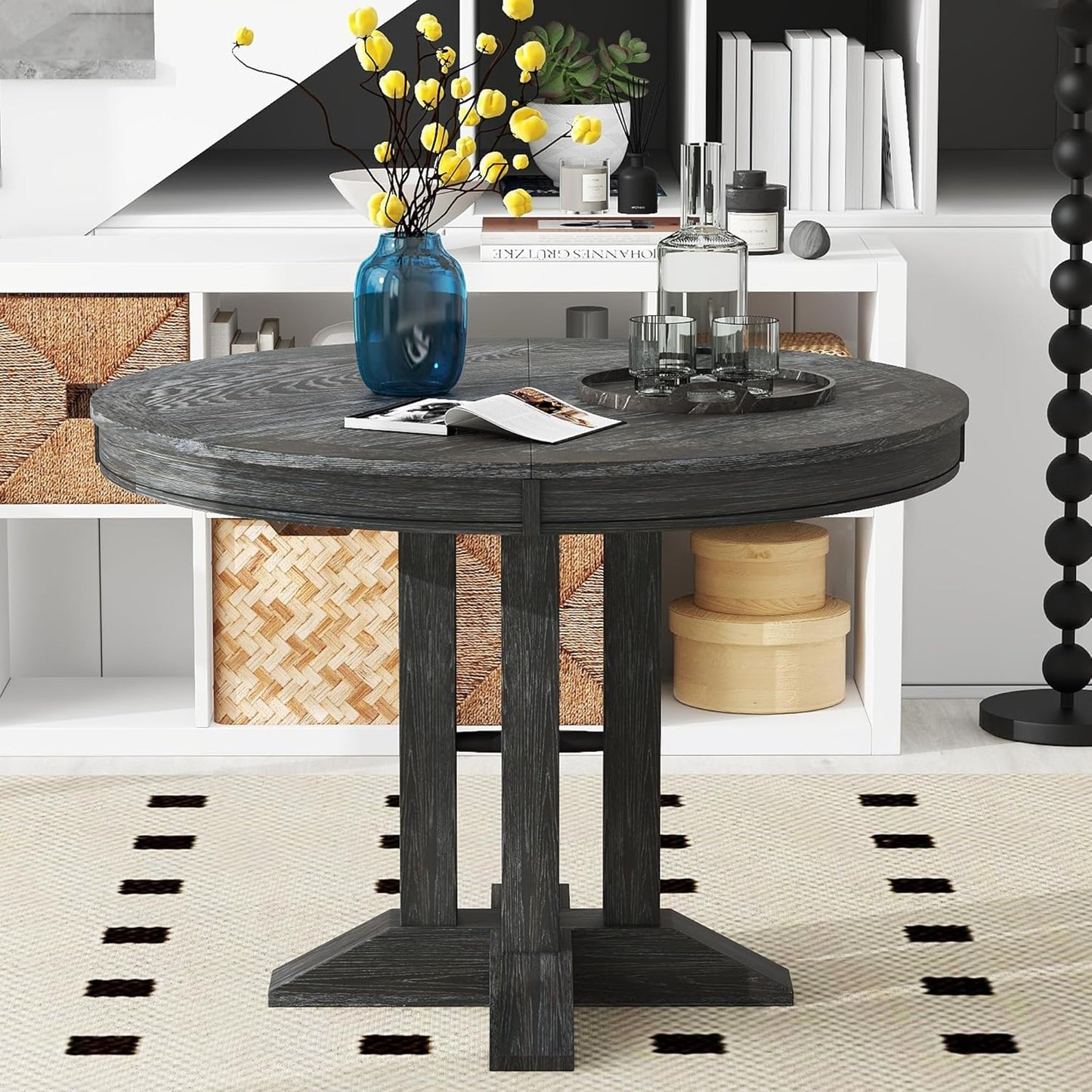 ERYE Mid-Century Modern Functional Extendable Wooden Round Dining Table with 14" Adjustable Leaf and Pillar-Trestle Legs, Wood Oval Dining Table