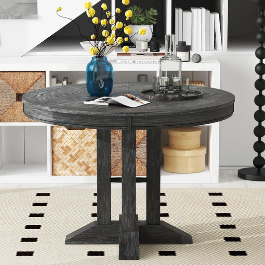 ERYE Mid-Century Modern Functional Extendable Wooden Round Dining Table with 14" Adjustable Leaf and Pillar-Trestle Legs, Wood Oval Dining Table