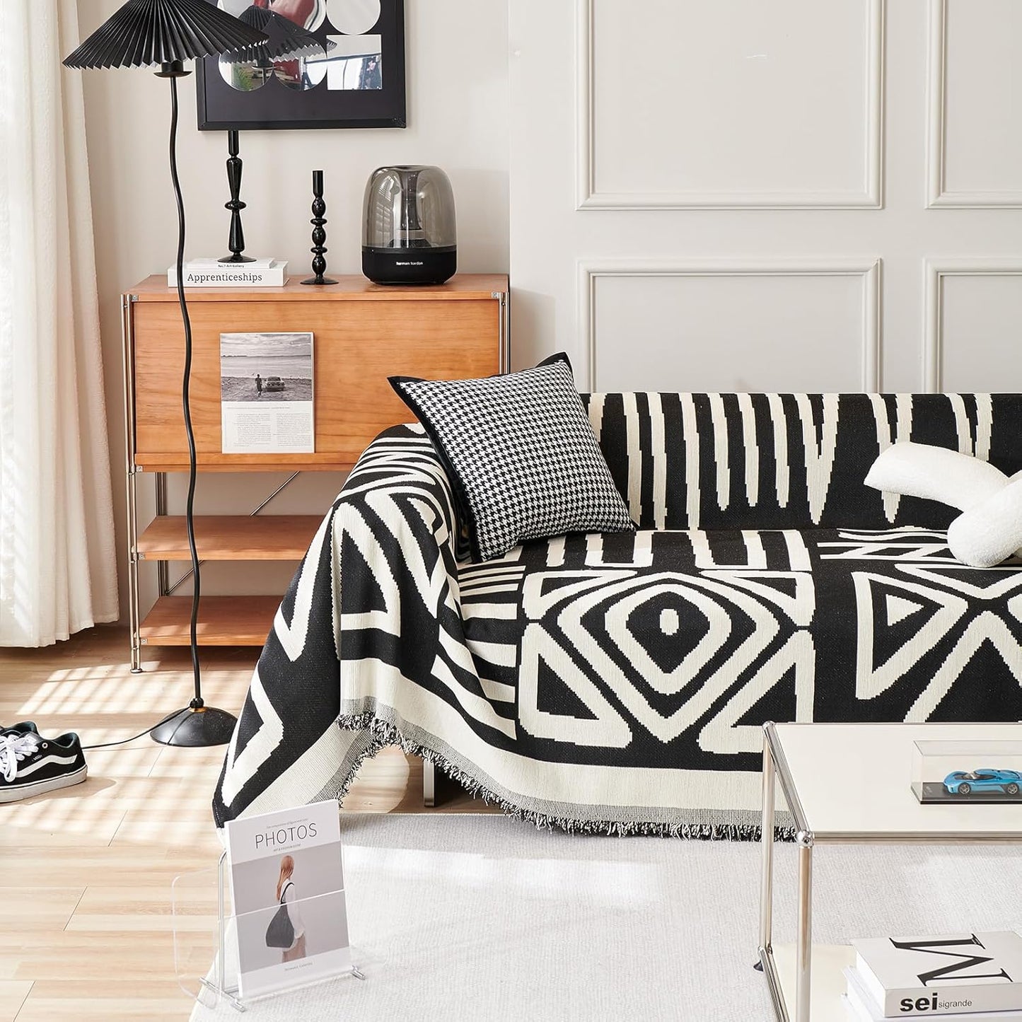 HANDONTIME Boho Sofa Covers for Dogs Black Couch Sofa Covers for 3 Cushion Couch Sofa Beige Chenille Sofa Slipcover Washable Sectional l Shaped Covers Pets Protector Furniture Covers, 91" X150"