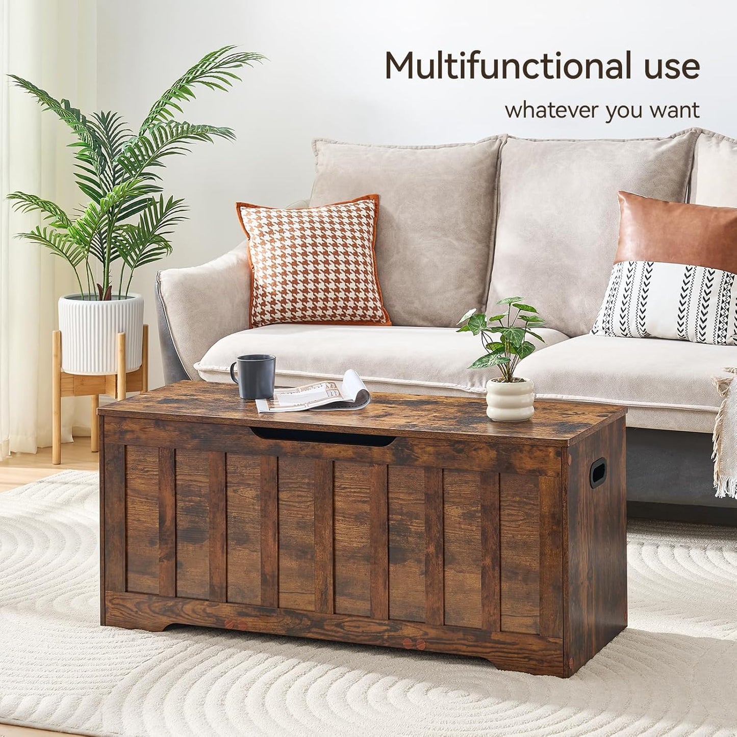 43.3"Storage chest extra large,storage trunk with 2 safety Hinges,Wooden storage Bench,Shoe Bench,43.3x15.7x19.1 Inch,Easy Assembly,storage bench for bedroom,living room,entryway,Rustic Brown