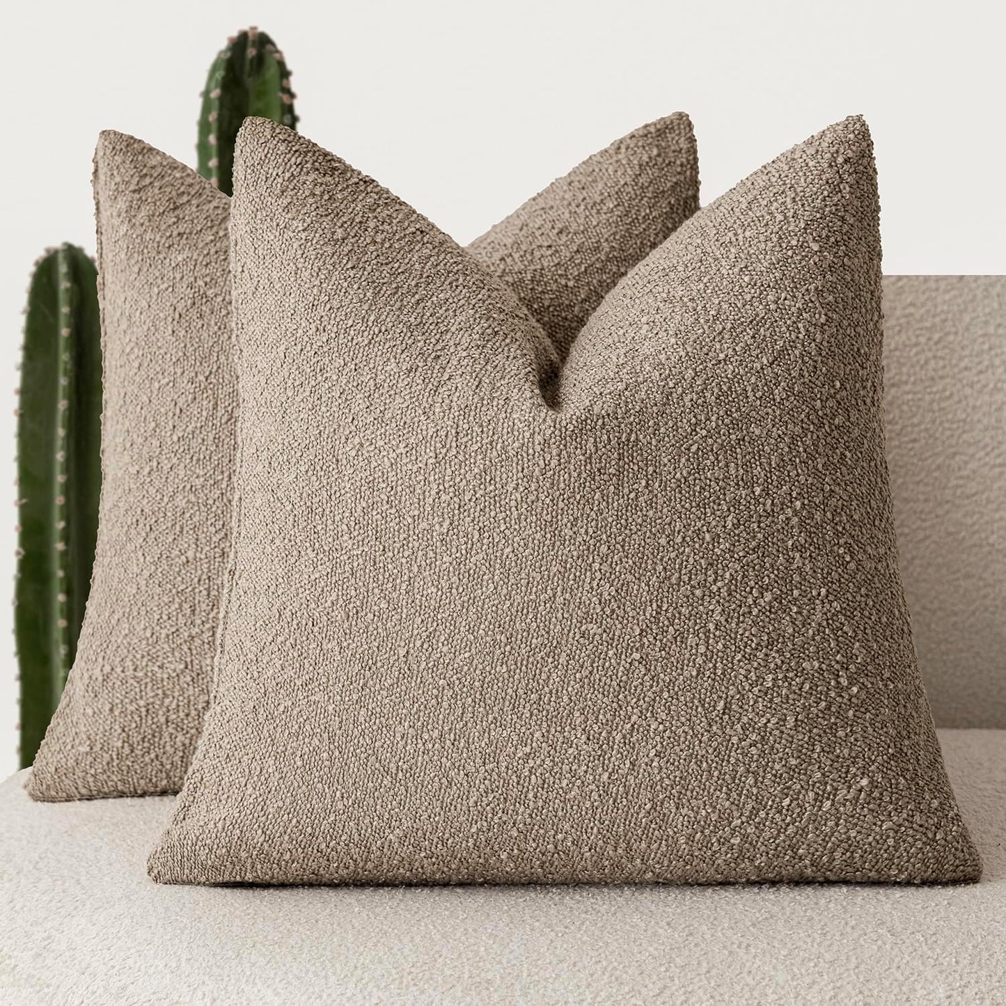 Foindtower Pack of 2, Decorative Textured Boucle Throw Pillow Covers Neutral Accent Solid Pillow Cases Soft Couch Cushion Case for Chair Sofa Bedroom Living Room Home Decor 22x22 Inch Light Khaki Tan