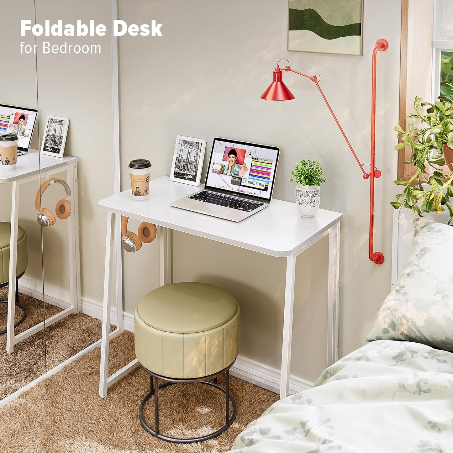 WOHOMO Folding Desk, 31.5" Small Desk for Small Spaces, Easy Assemble Foldable Computer Desk for Laptop, Mini Portable Working Table Narrow Wooden Writing Workstation for Home Office, White
