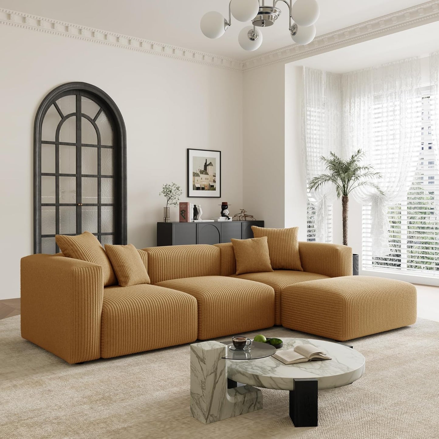 Acanva Convertible Modular Sectional Sofa with Movable Ottomans, Free Combination Corduroy Couch for Living Room Apartments, L-Shaped, Yellow