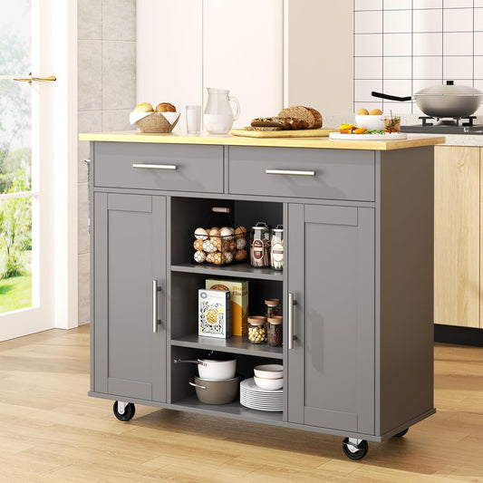 Shintenchi Kitchen Island with Storage, Kitchen Island Cart on Wheels with 3 Open Shelves, 2 Drawers and 2 Cabinets, Rolling Kitchen Table with Large Countertop, Gray