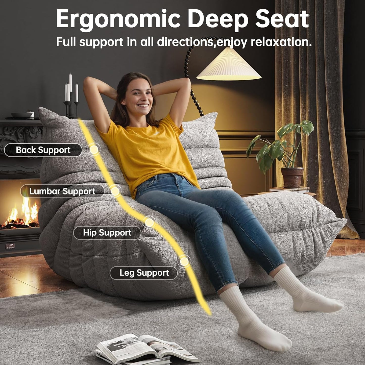 Bean Bag Chairs for Adults, BeanBag Reading Chair Memory Foam Couch, Floor Chair Soft Teddy Material, Comfy Reading Nook Chairs for Bedroom Living Room Office (Grey)