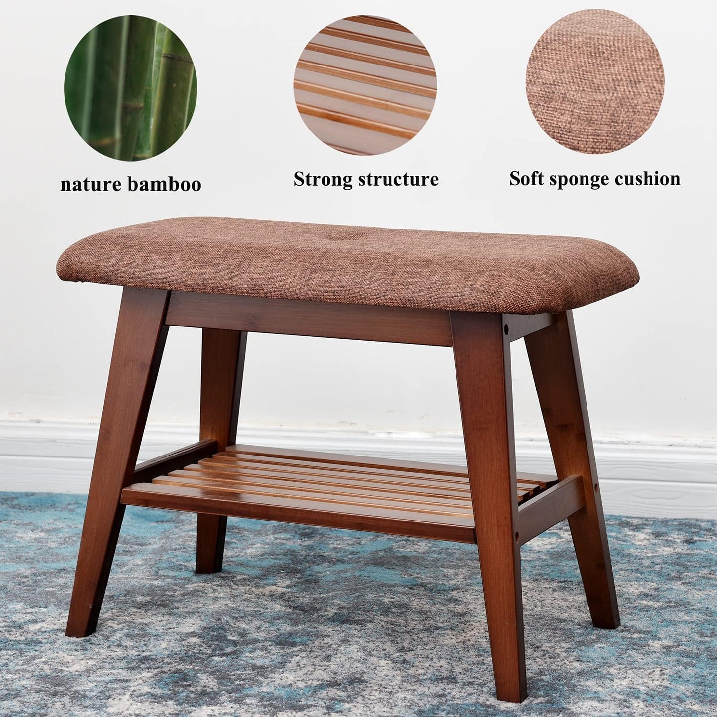 Shoe Entryway Bench, Bamboo Shoe Rack Bench, Organizer with 2 Tier Storage Simple Style Good Load Bearing, Ideal for Entryway Hallway Living Room,(Brown,23.6'')