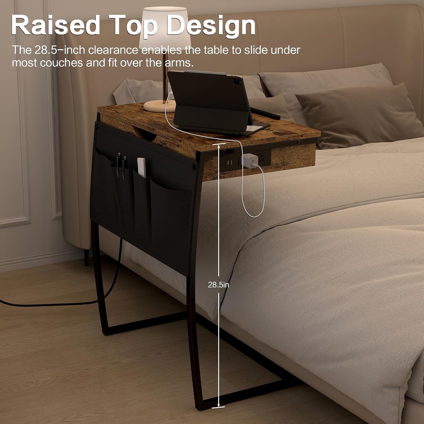Hadulcet TV Tray Tables, Laptop Stand for Couch, C Shaped End Table with Charging Station, Couch Tables That Slide Under, Bed Desk for Eating, Couch Desk for Laptop, Rustic Brown
