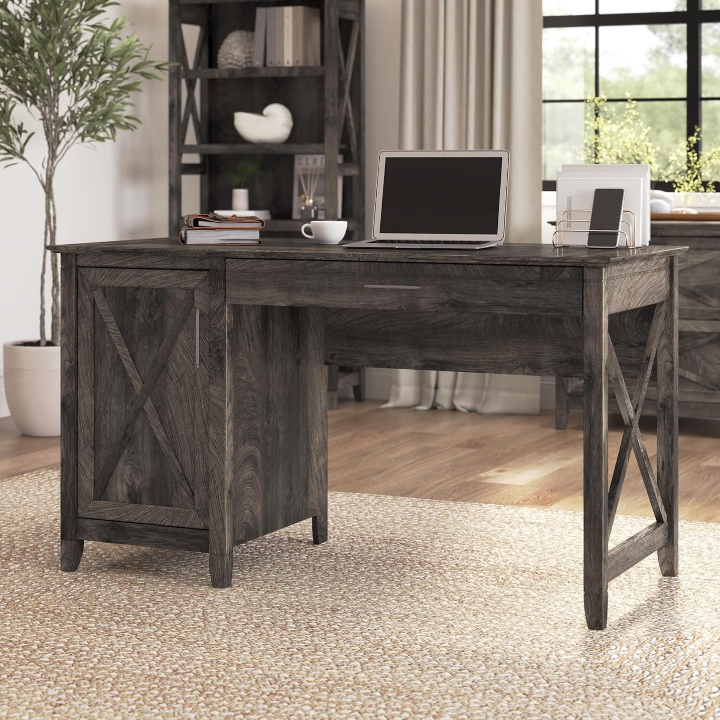 Bush Furniture Key West Computer Desk with Storage | Farmhouse PC Table for Home Office in Dark Gray Hickory | 54W x 24D