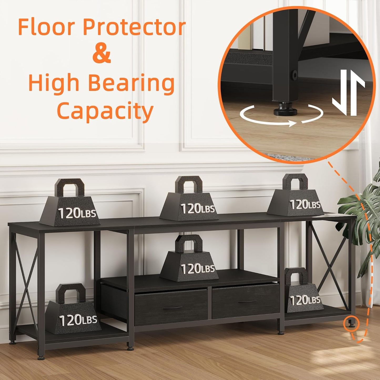 TV Stand with Fabric Drawers for 55 60 65 Inches TV - Entertainment Center and Industrial TV Console Table with Open Storage Shelves for Living Room, Bedroom - 55.1" Black