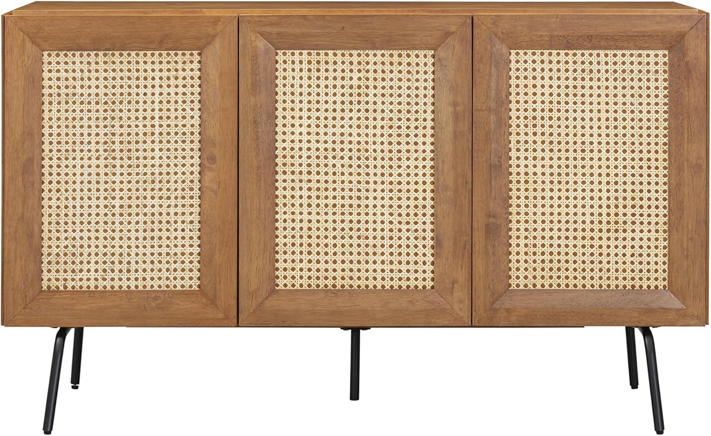 NTC MOSSIC Modern Sideboard with 3 Doors, Natural Rattan Storage Cabinet, Buffet with Metal Legs, Boho Accent Cabinet for Living Room, and Entryway, Effortless Assembly, Teak Look