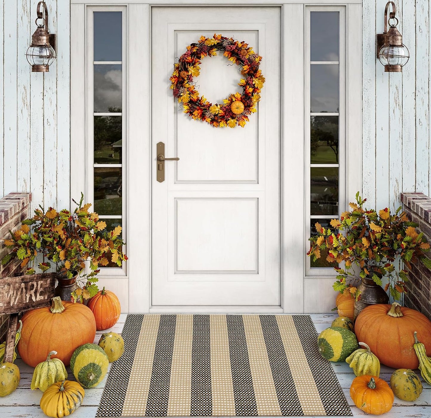 OJIA Fall Front Door Mat Outside Entrance 24"x35" Tan Halloween Doormat Front Door Rug Washable Porch Rugs Woven Striped Outdoor Rugs Entryway Rugs Indoor Small Area Rug for Kitchen Entry Bathroom