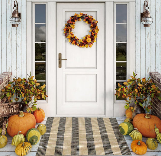 OJIA Fall Front Door Mat Outside Entrance 24"x35" Tan Halloween Doormat Front Door Rug Washable Porch Rugs Woven Striped Outdoor Rugs Entryway Rugs Indoor Small Area Rug for Kitchen Entry Bathroom