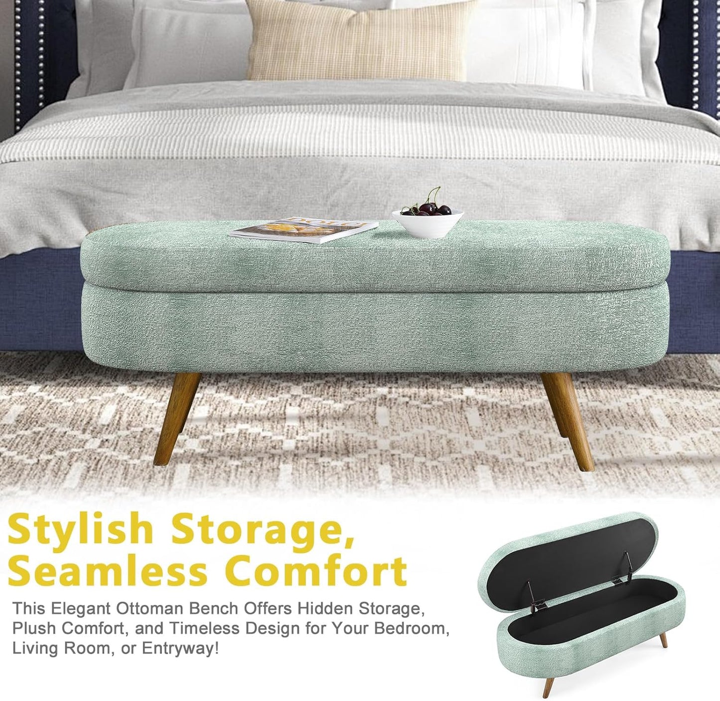 NicBex Ottoman Bench with Storage for Bedroom, 43.5" Upholstered End of Bed Bench with Rubber Wood Legs, Linen Storage Bench for Living Room or Entryway,