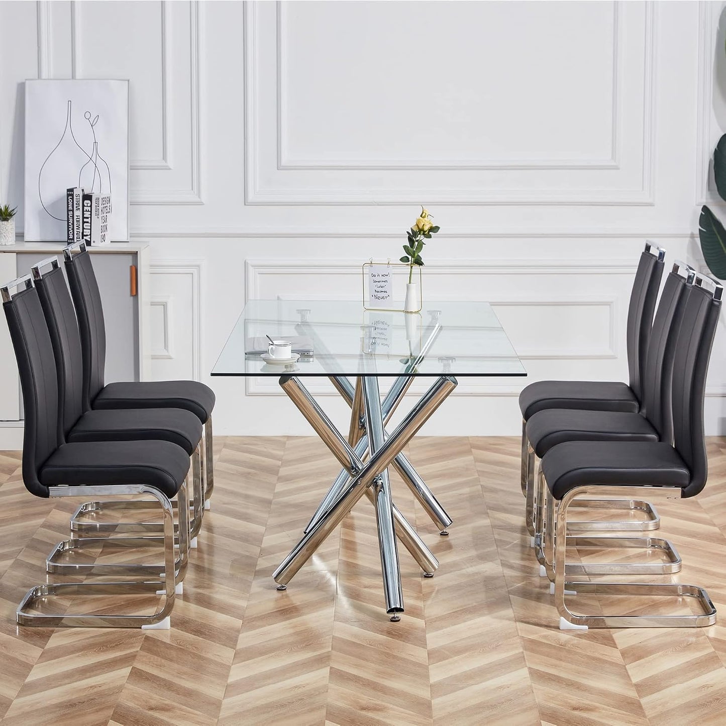 Dining Chairs Set, Kitchen Modern Metal Chairs with Faux Leather Padded Seat High Back and Sturdy Chrome Legs, Chairs for Dining Room (Black, Set of 6)