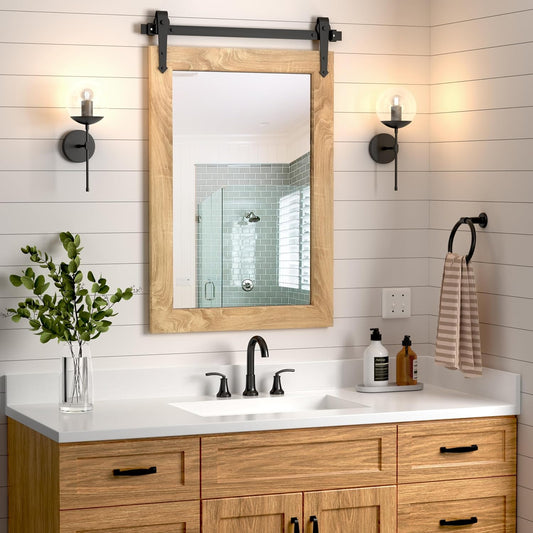 Farmhouse Bathroom Mirror 26”x40” Rustic Wood Framed Wall Mirror Barn Door Mirror for Wall (Brown)