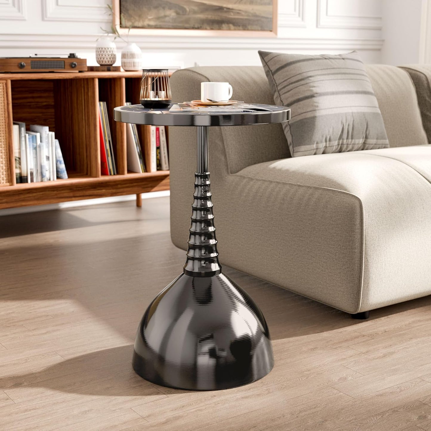 HOMES: Inside + Out Halric Modern 24" Tall Round End Table with Decorated Tabletop and Iron Metal Base, Accent Furniture, Elegant Pedestal Stand for Living Room, Home Office, Black with Floral Print