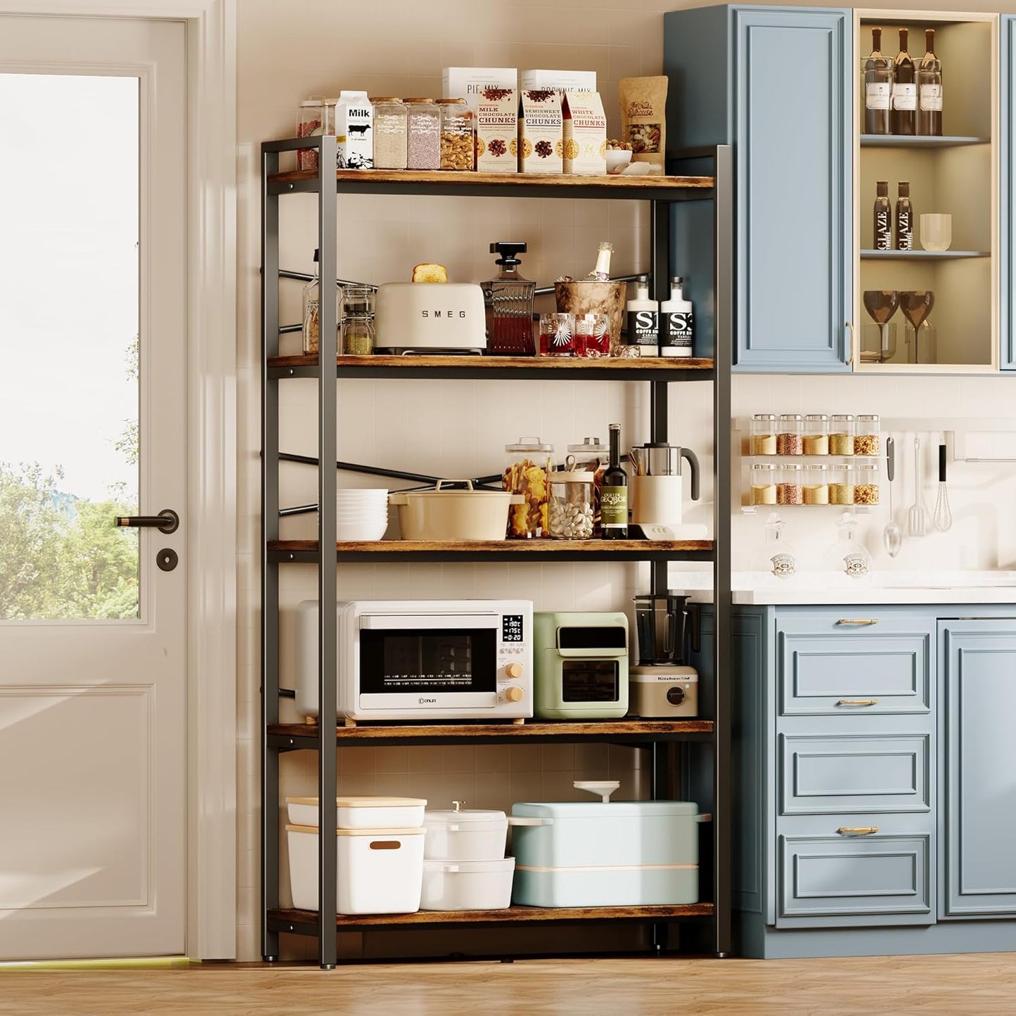 5 Tier Bookshelf 31.49" Width, Tall Book Shelf Storage and Organization, Wooden and Metal Industrial Bookcase, Large Book Shelves for Home Living Room Bedroom Office Storage(Vintage)