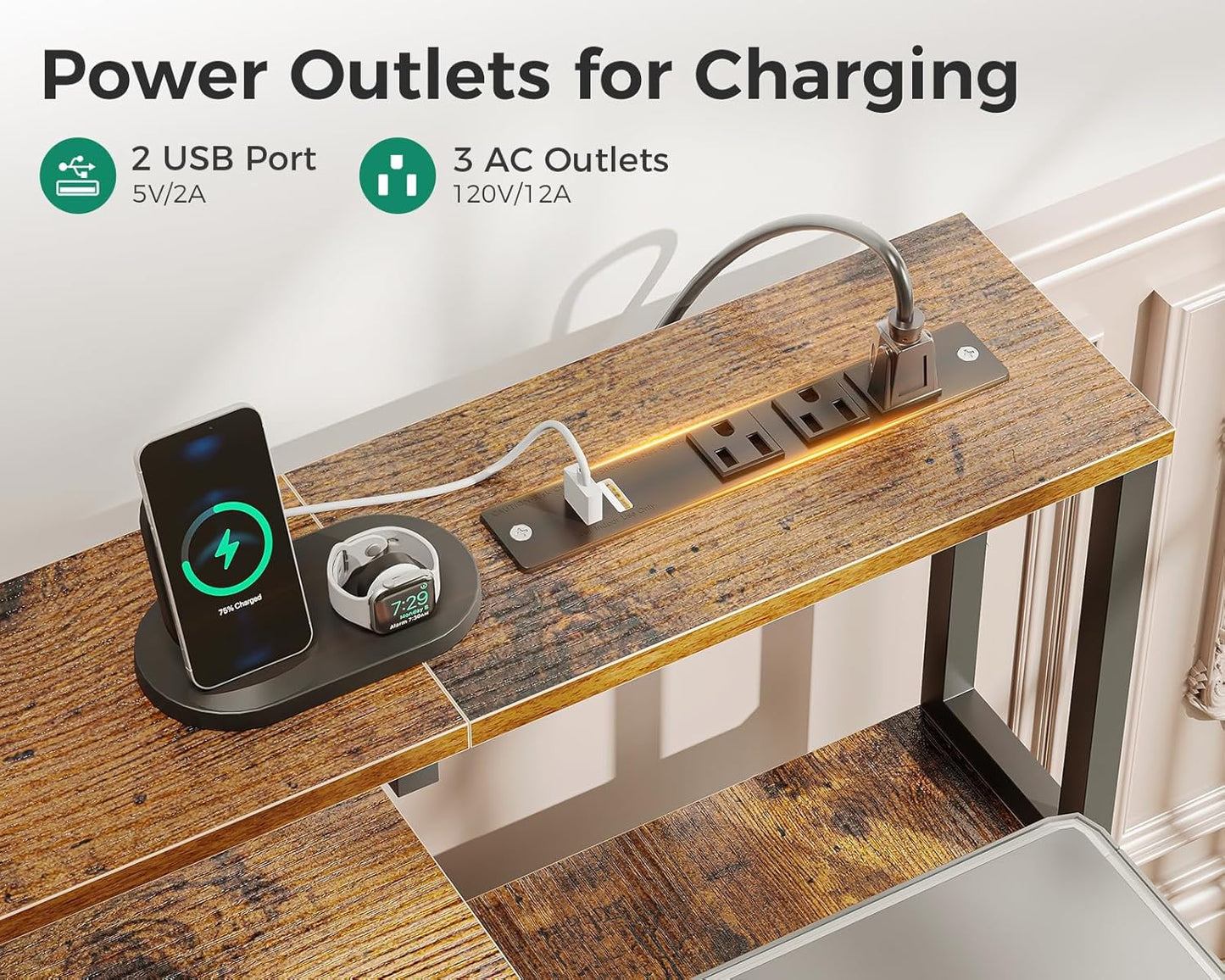 AODK Computer Desk with Drawers and Keyboard Tray, 48" Office Desk with Power Outlet and LED Lights, Reversible Study Work Desk with Printer Shelf and PC Stand for Home Office, Vintage