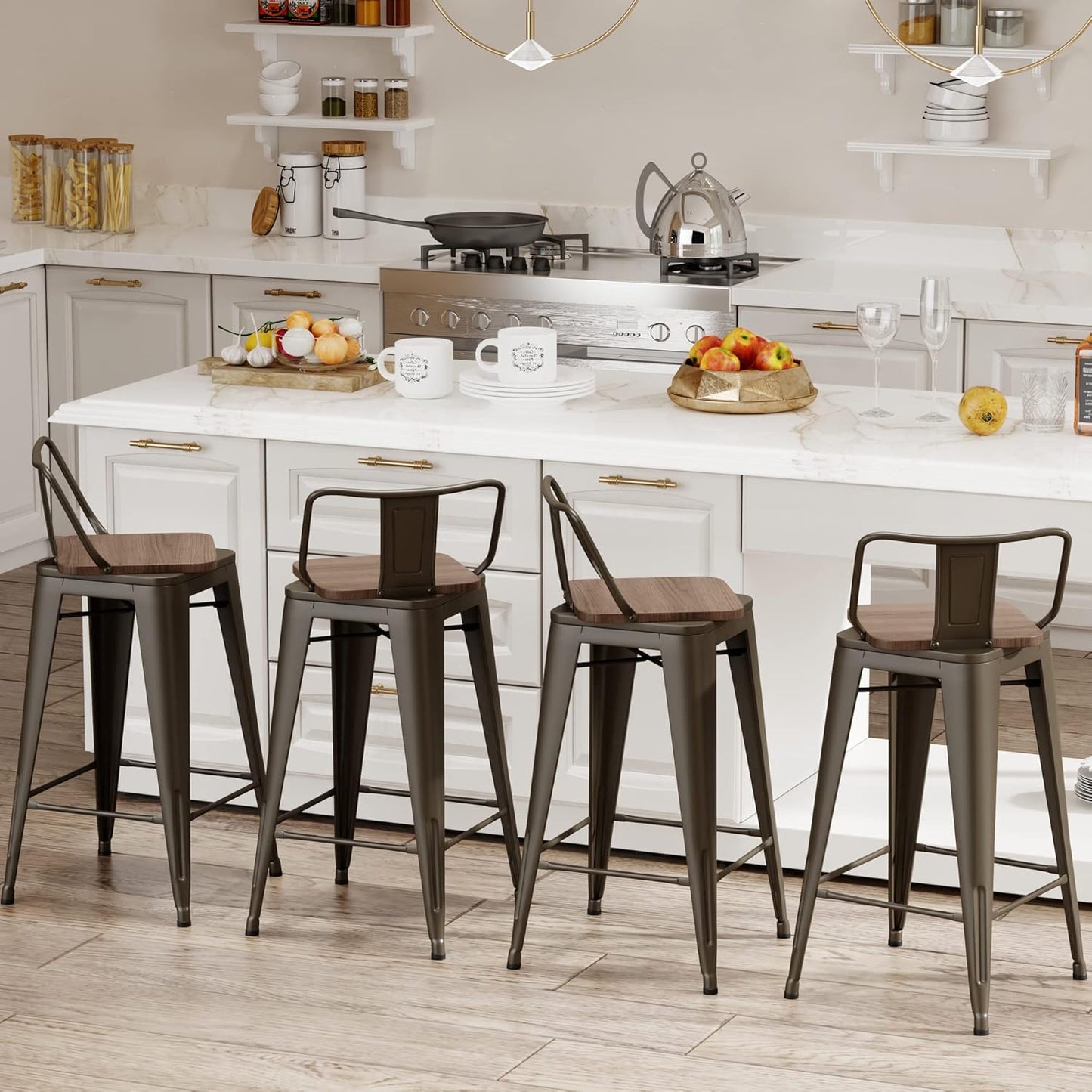 24 Inch Swivel Bar Stools Set of 4 with Backs Counter Height Industrial Metal Barstools Island Bar Chairs for Home Kitchen Dining Room (Swivel 24 inch,Rusty Wooden)