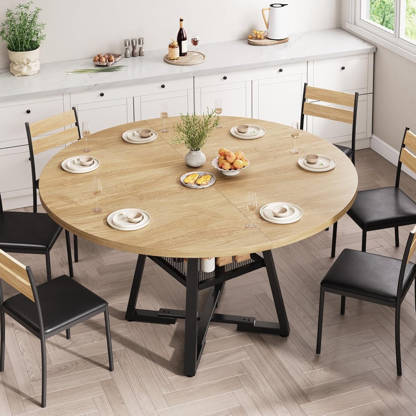 51'' Round Dining Table for 6,Kitchen Dining Room Circle Dinner Pedestal Table,Space Saving Wood Kitchen & Dining Room Furniture (Natual Wood, 51In)