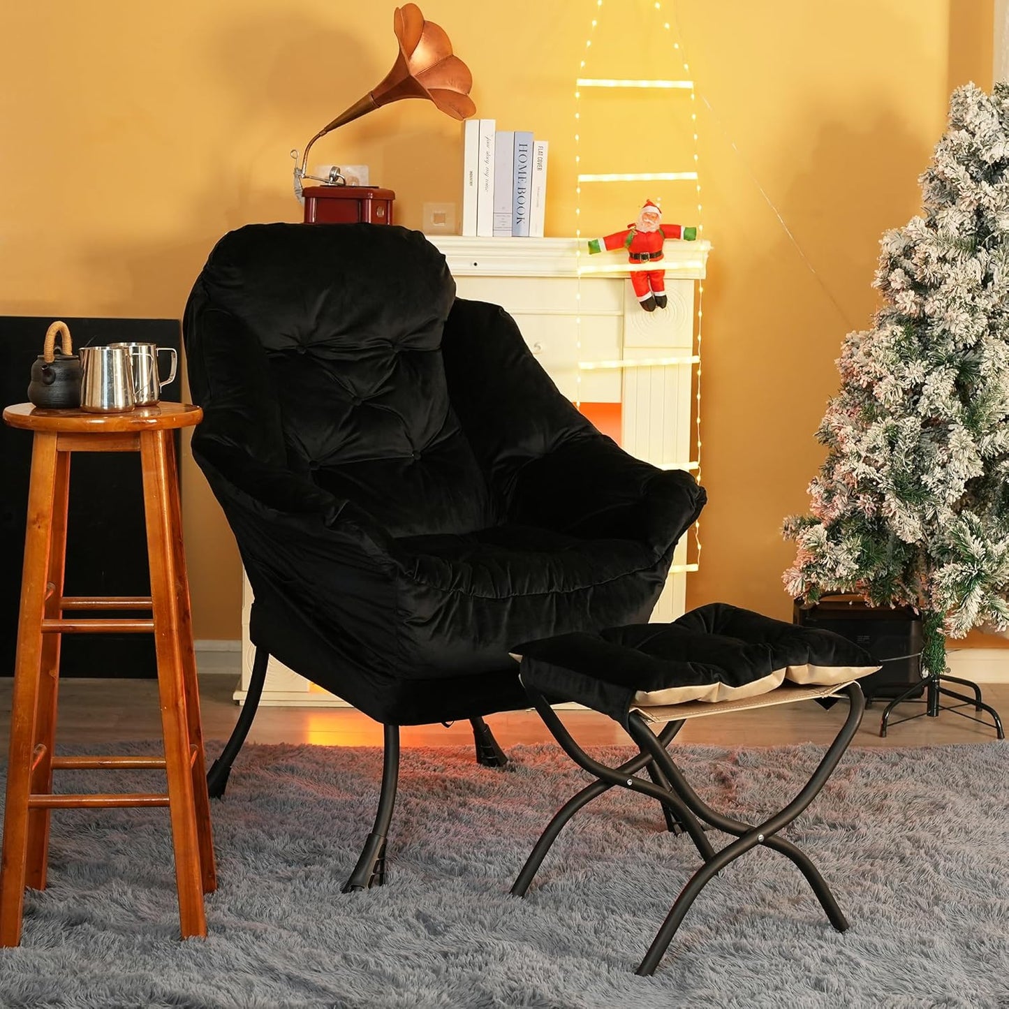 Lazy Chair with Folding Ottoman,Living Room Chairs, Accent Contemporary Lounge Chair, Single Steel Frame Leisure Sofa Chair with Armrests and A Side Pocket (Black)