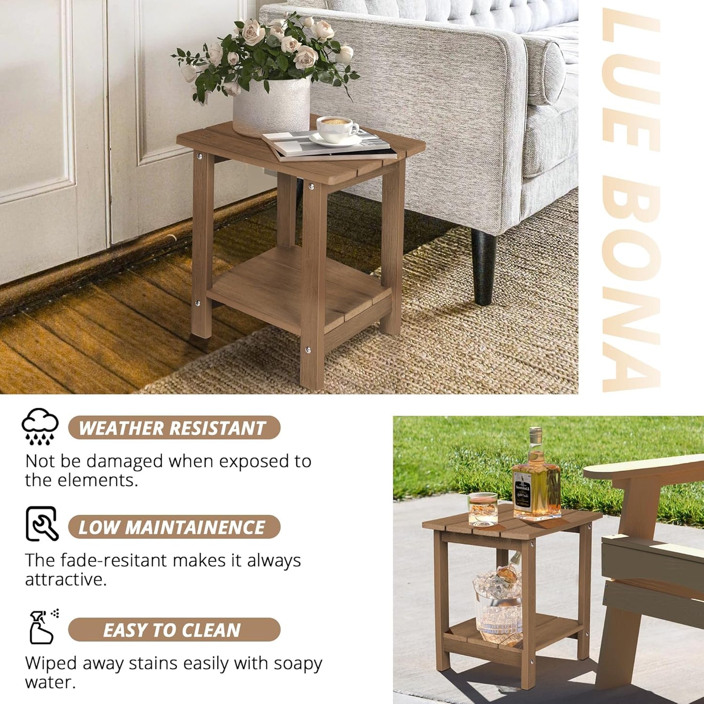 LUE BONA Adirondack Outdoor Side Table, 2-Tier Brown-Oil HDPS Patio End Table Weather Resistant, Morden Side Table for Patio, Pool, Porch
