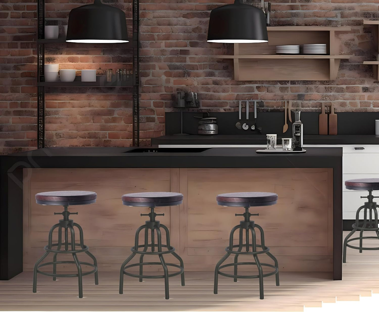 Diwhy Industrial Vintage Bar Stool, Kitchen Counter Height Adjustable Pipe Stool, Cast Iron, Swivel, Metal, 27 Inch, Fully Welded Set (Brown Wooden Top)