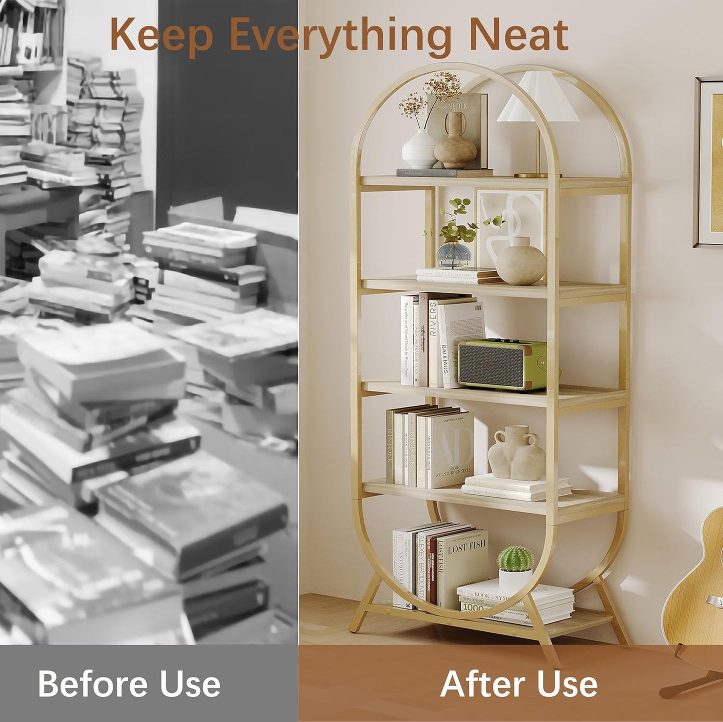 Bookshelf Arched Bookcase Set 2, 5 Tier Open Freestanding Display Shelf for Home Office, Living Room, Gold & Nature Wood