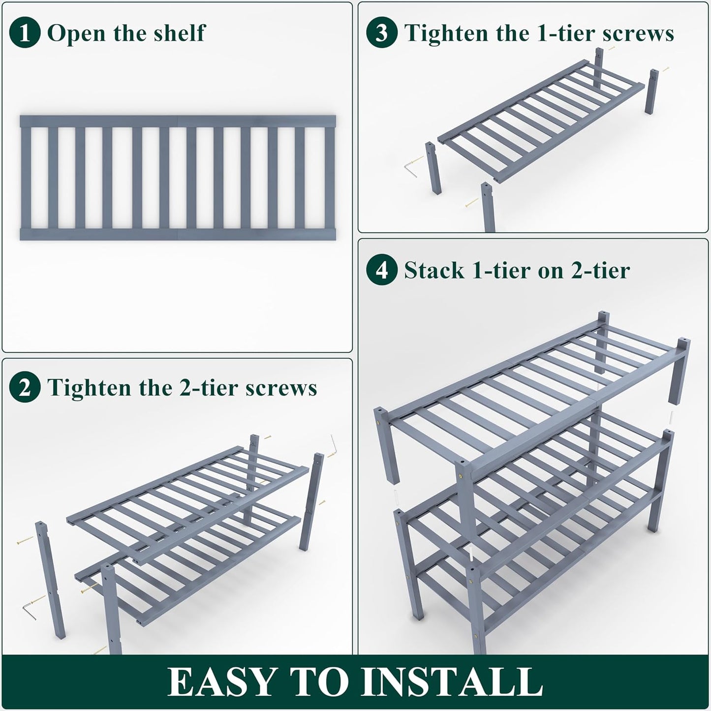 Smiry Shoe Rack, 3 Tier Bamboo Shoe Organizer, Stackable Free Standing Wooden Shoe Storage Shelf for Closet, Entryway, Front Door Entrance, Grey