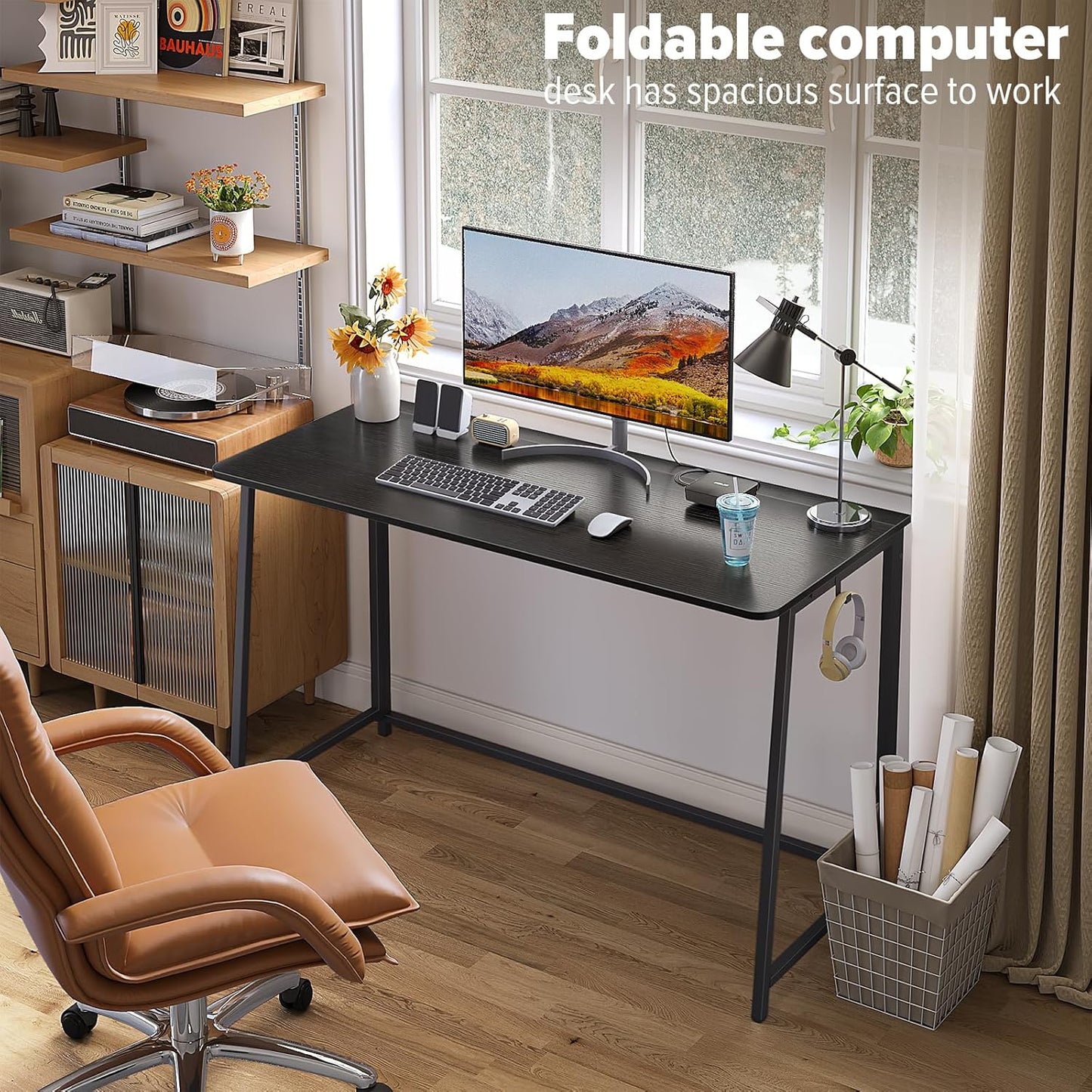 WOHOMO Folding Desk, 47.2" Foldable Computer Desk for Bedroom, Space Saving Computer Table Writing Workstation for Home Office, Easy Assembly, Black