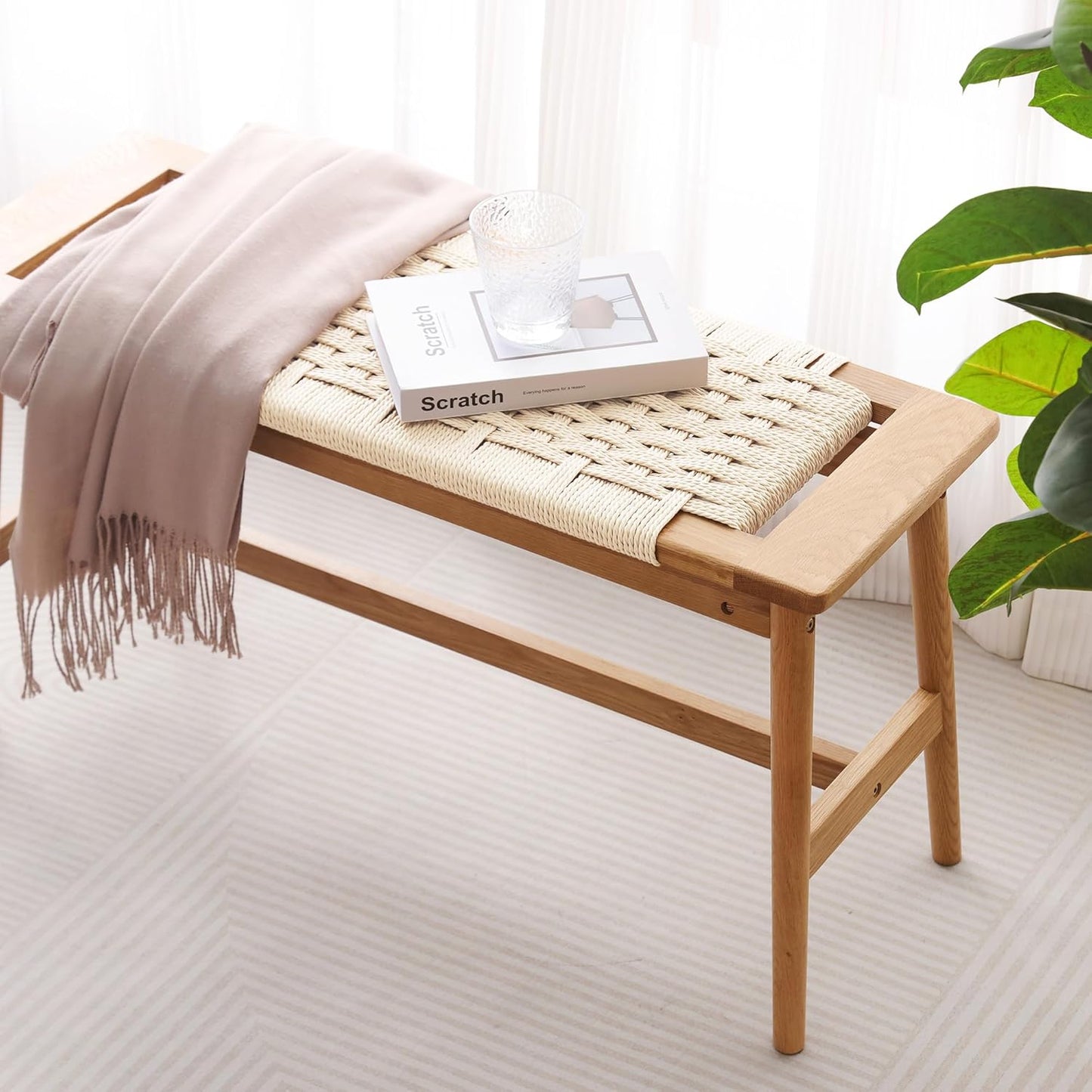 33.5" L Wood Dining Bench Indoor, 100% Natural Solid Oak Bed Bench Hand Woven Enterway Bench Small Bench for Dining Room, Bedroom, Kitchen (Creamy White)