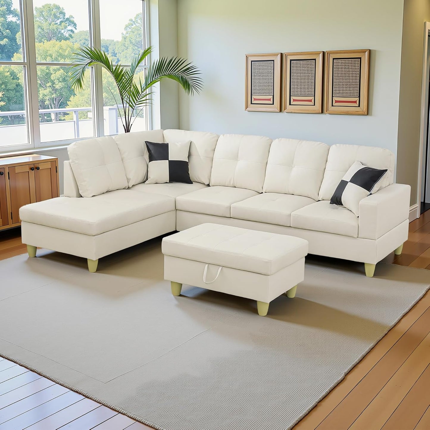 L Shaped Couch Faux Leather Sectional Couch Upholstered 3 Pieces Sofas for Living Room with Chaise, Storage Ottoman for Office and Small Apartment, White